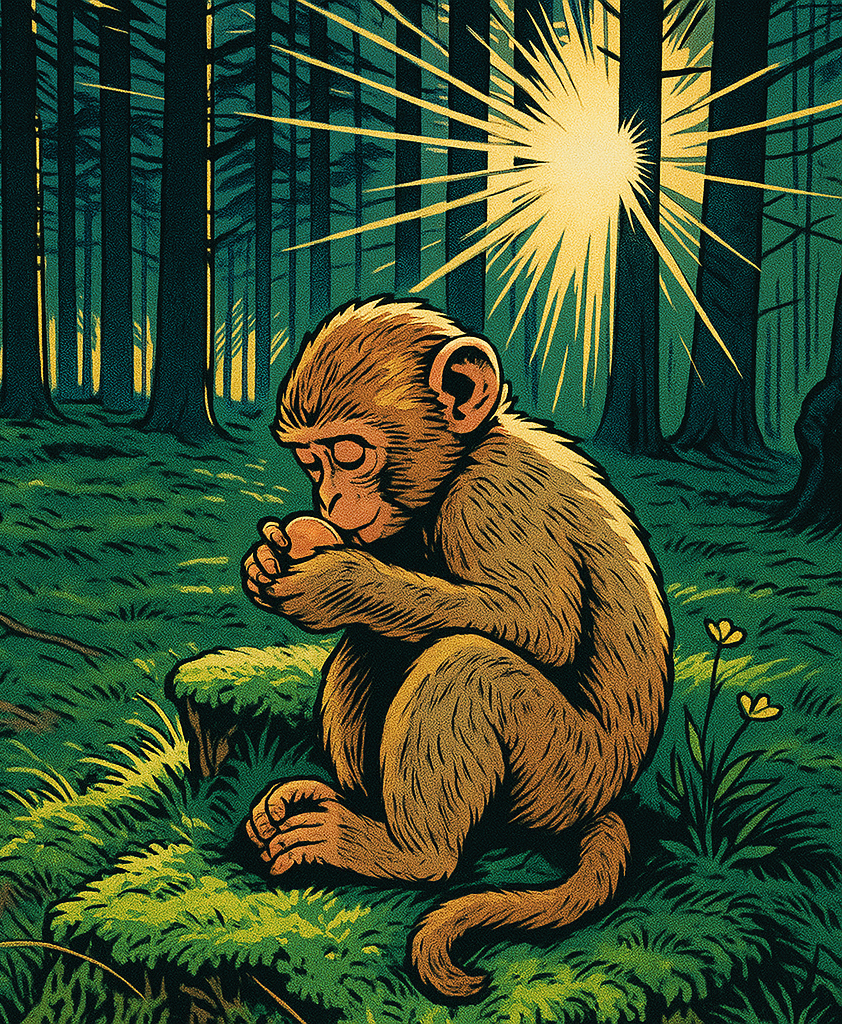 Ein kleiner Berberaffe sitzt auf einem Baumstumpf mitten im Wald mit einem Apfel und im Hintergrund scheint die Sonne.